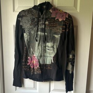 Vintage Lucky Brand Black and Pink Graphic Buddha Hoodie and Floral Embroidery